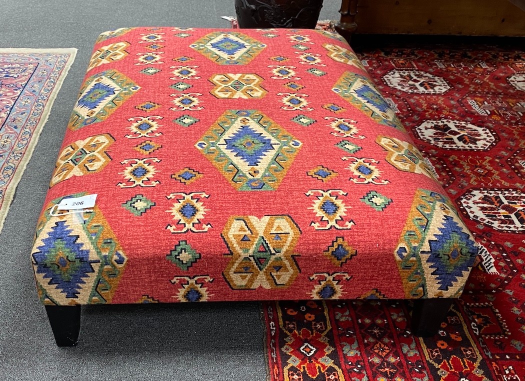 A large rectangular Kilim fabric footstool, length 123cm, depth 82cm, height 26cm